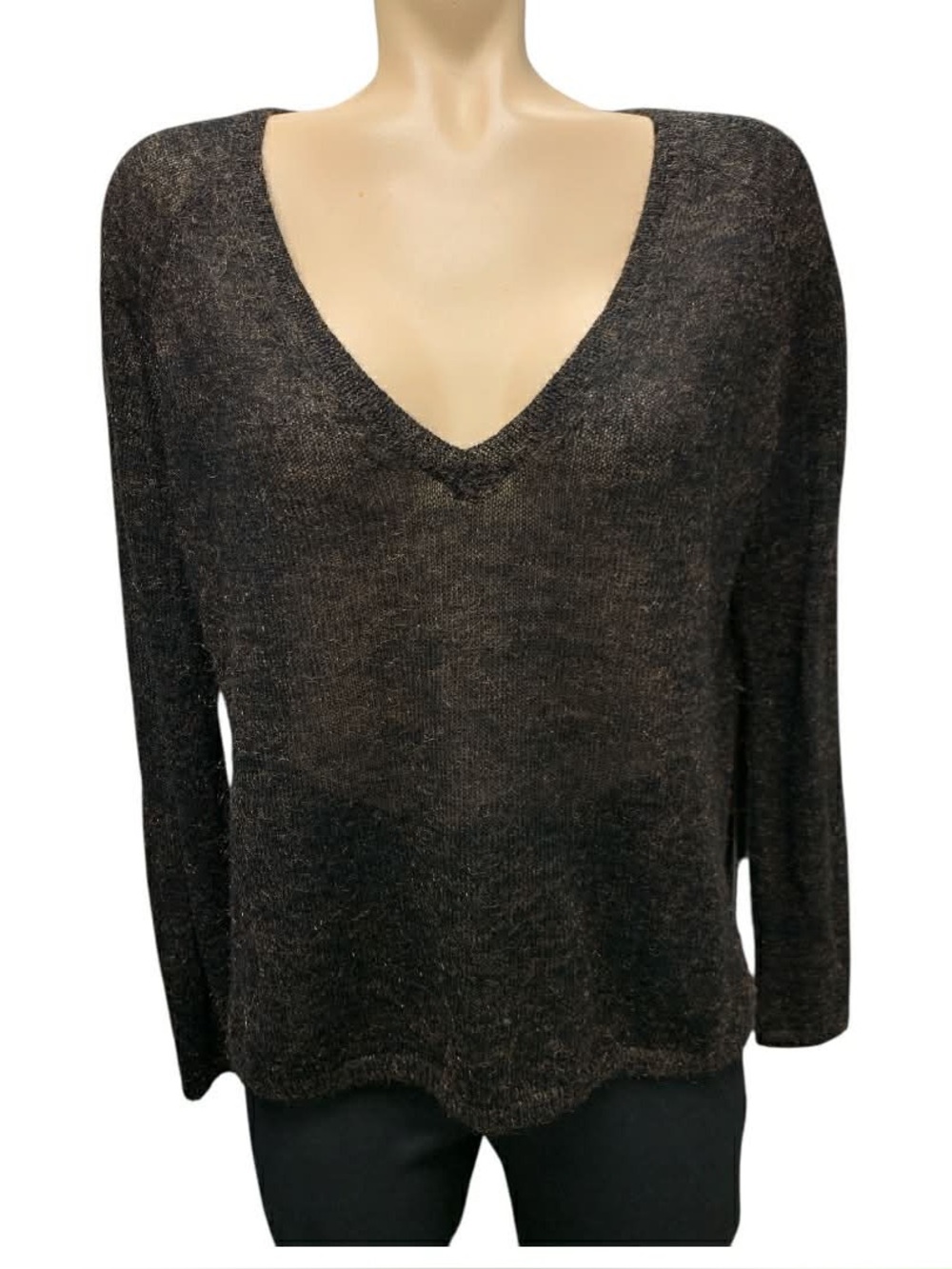 French Connection Black V-Neck Knit Sweater Size M
